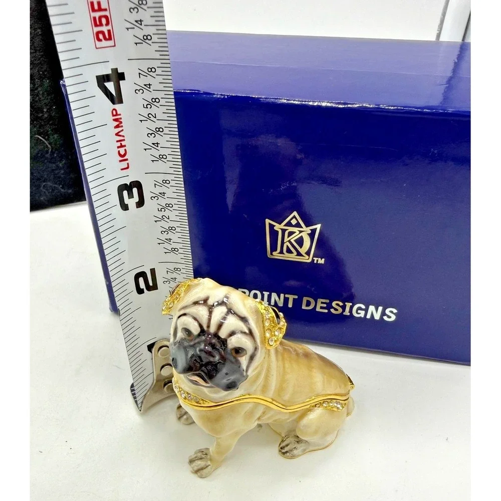 Kingspoint Designs Pug Trinket Box Necklace Rhinestone Pewter Dog Gift Set Boxed